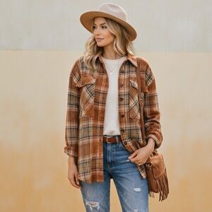 Orange Creek Plaid Shacket Flannel Shirt Jacket Brown Oversized XL Cozy